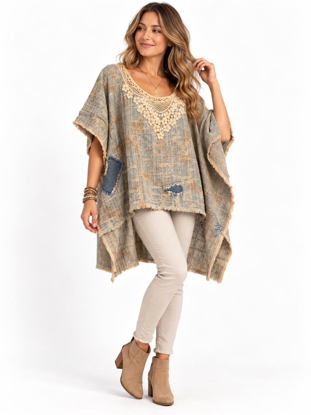 Jaded Gypsy Walk On By Poncho High Low Lace Patchwork Boho One Size - Picture 3 of 10